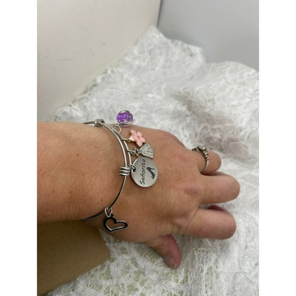 5-Charm Silver Tone Spring Bracelet - Charms: Flowers, Senorita, Fashion Dress, - Picture 6 of 8